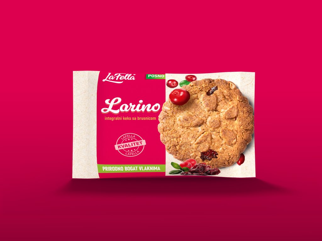 Larino cranberry wholegrain biscuit flowpack on berry red
