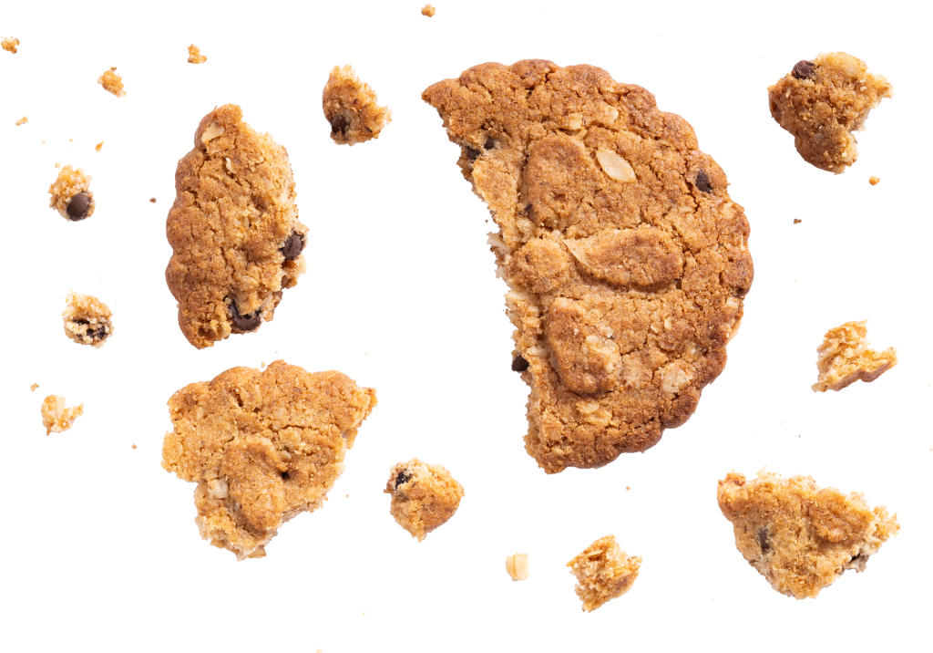 Broken biscuit flat lay with chocolate chips, studio shot