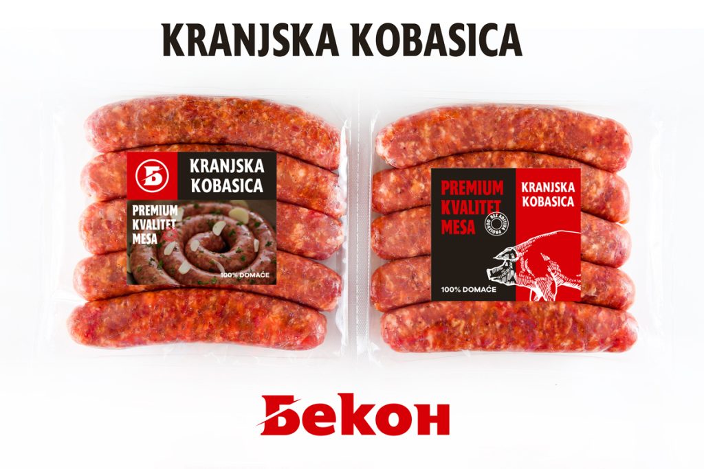 Bekon Kranjska sausage packs with two label designs