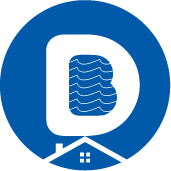 DB Real Estate monogram — D and B merged, the B drawn as Aegean waves with a house roof cut into the negative space
