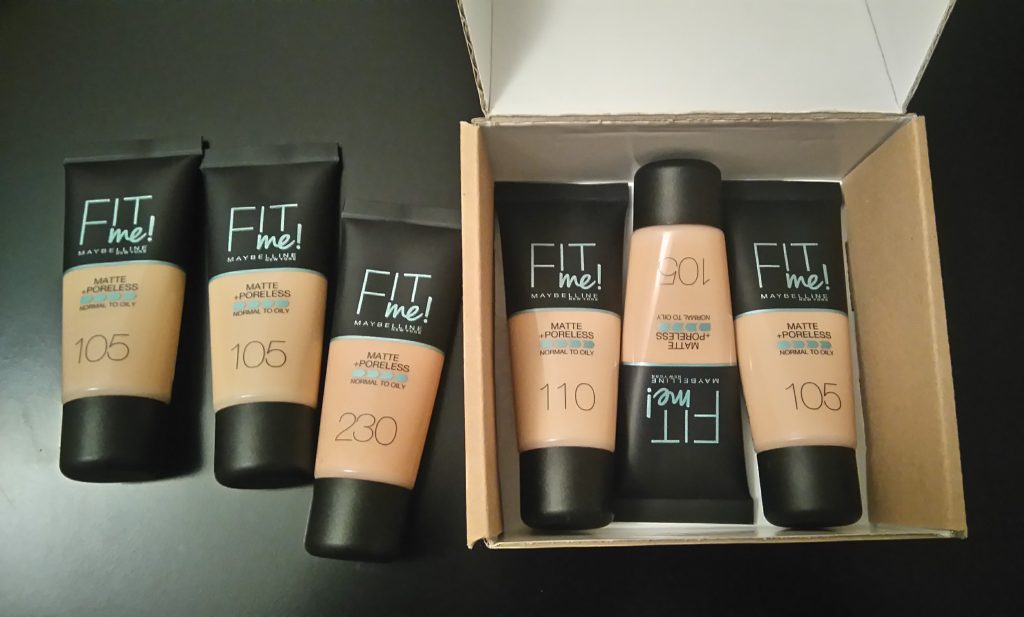 Six Maybelline Fit Me! foundation tubes on a desk, the starting point of the project