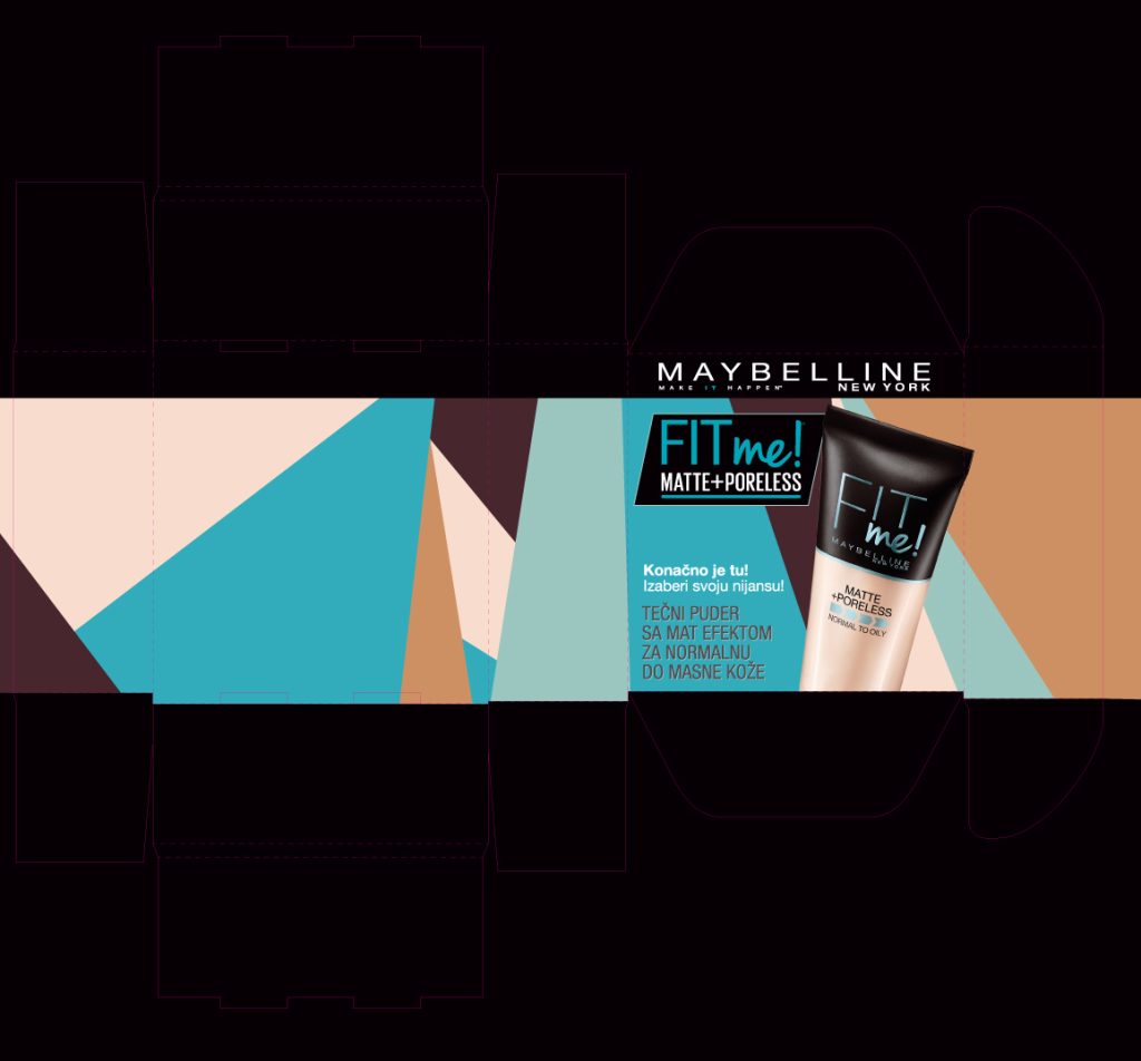 Print-ready structural dieline of the Maybelline box, Serbian market, 13 by 12 by 5 cm