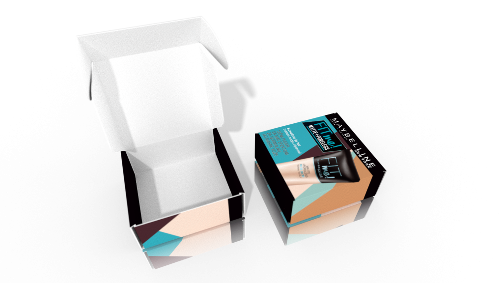 Maybelline Fit Me influencer box, render — open and closed, top view
