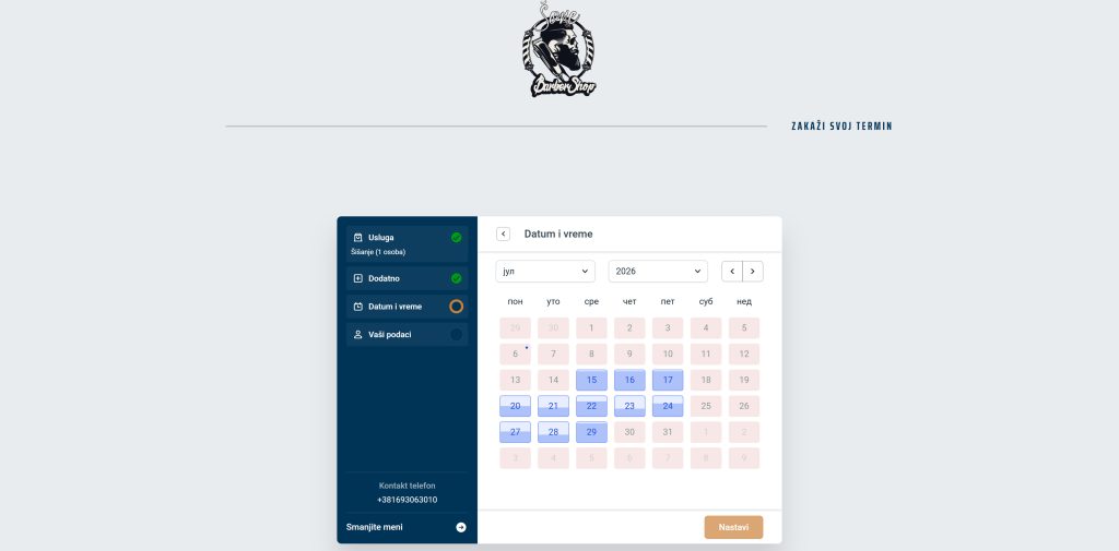 Barbershop Šone desktop booking calendar with live availability
