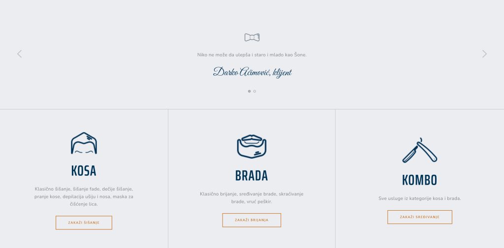 Barbershop Šone services page — hair, beard, and combo packages